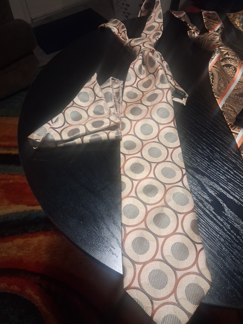 Beige and Brown Geometric Circle Handmade Ties with Pocket Square Cuff Links